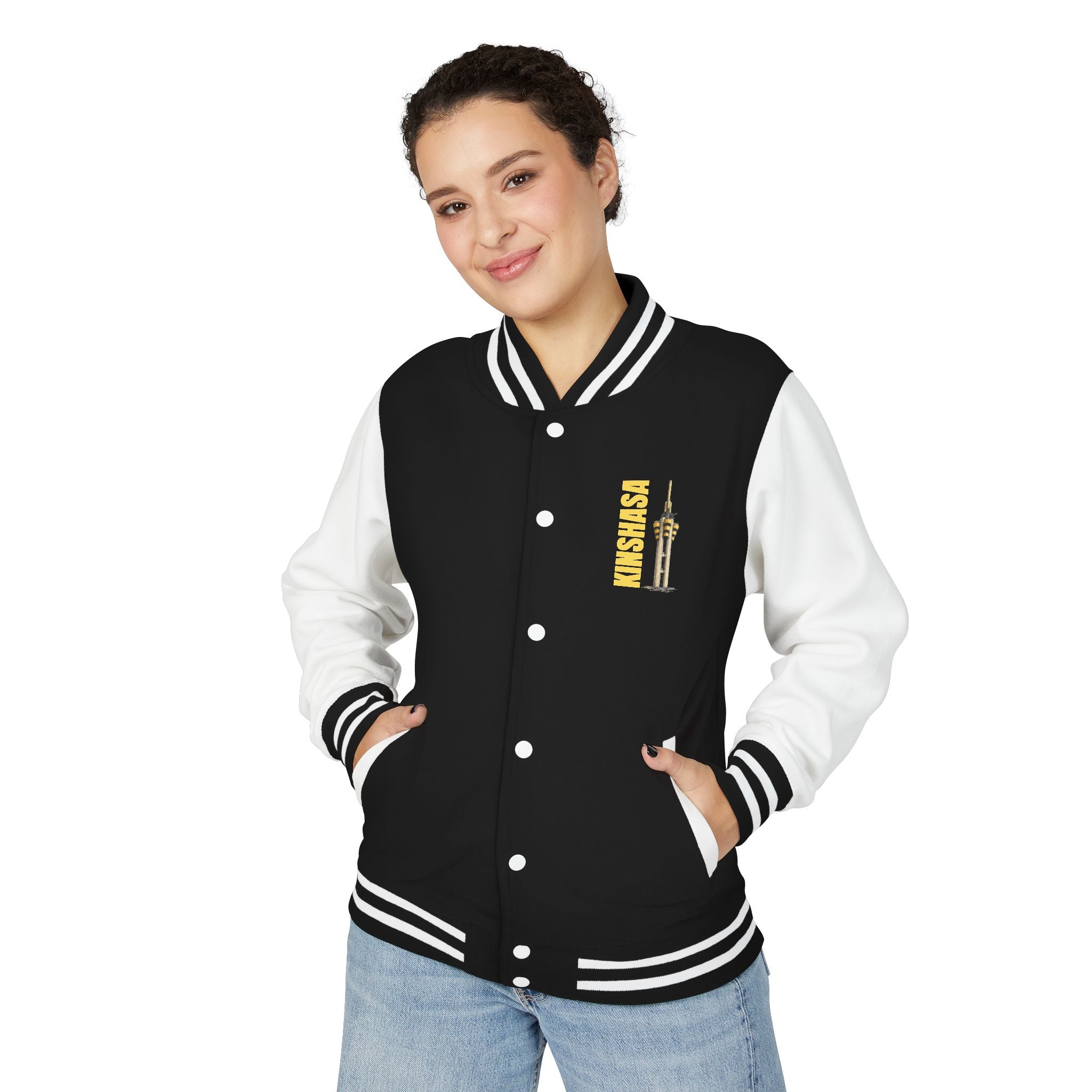 Letterman Jacket with Kinshasa City Skyline Pocket Design